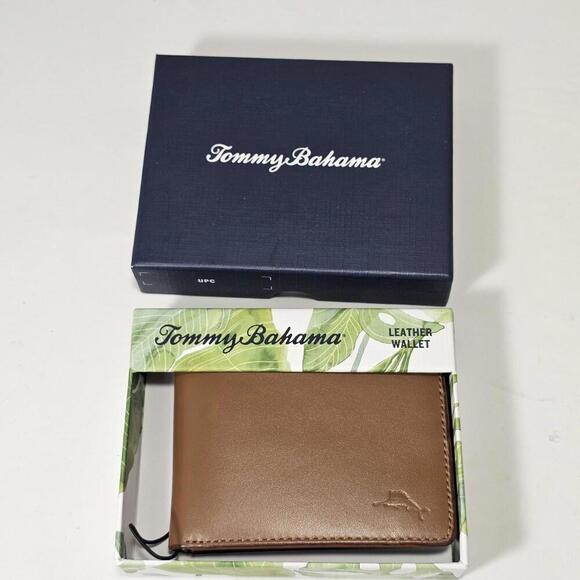 Tommy Bahama Wallet Mens Bi Fold Tan Leather Card Case Brown Marlin Embossed NIB - Picture 1 of 6